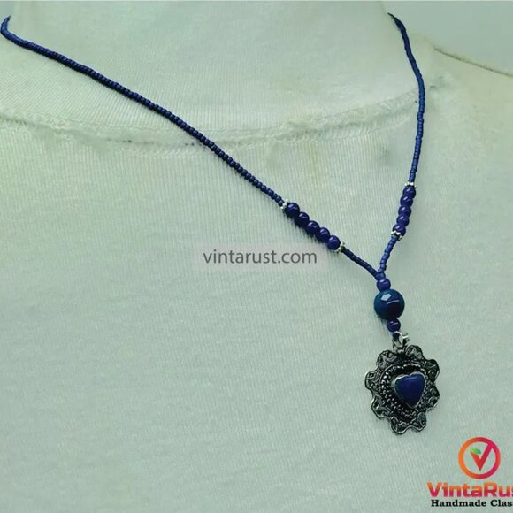 Blue Beaded Necklace with Silver Heart Lapis Pendant, Unique Beaded Necklace - Picture 7 of 11